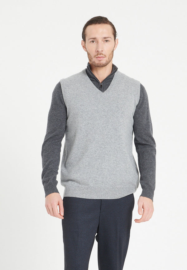 Men’s Light Grey Cashmere Sleeveless V-Neck Gilet – LUKE 9