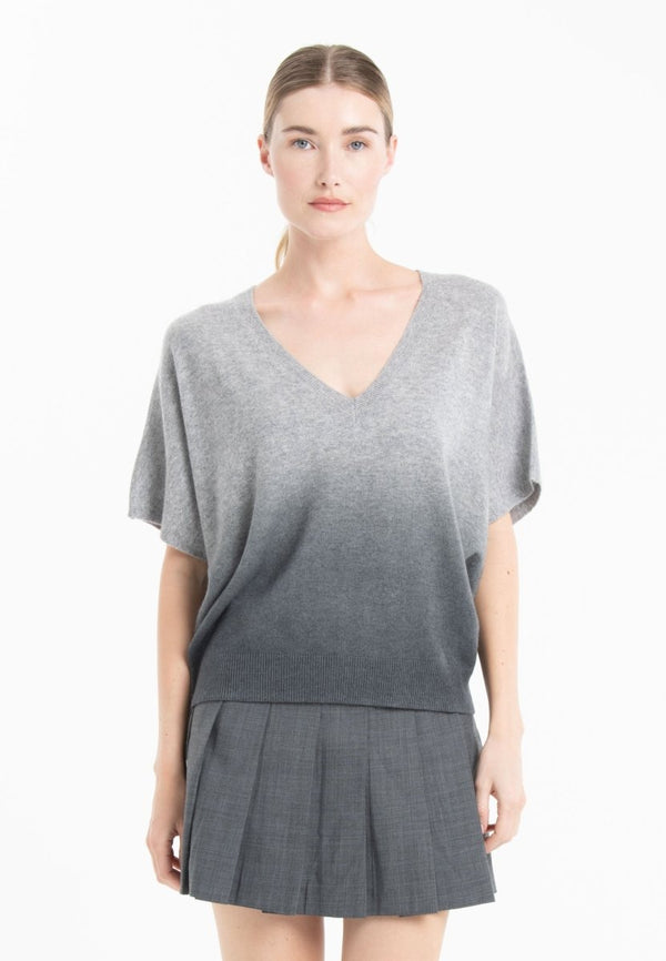 Women’s Cashmere Tie-Dye V-Neck Batwing Sweater – Light Grey & Anthracite (RIA 7B)