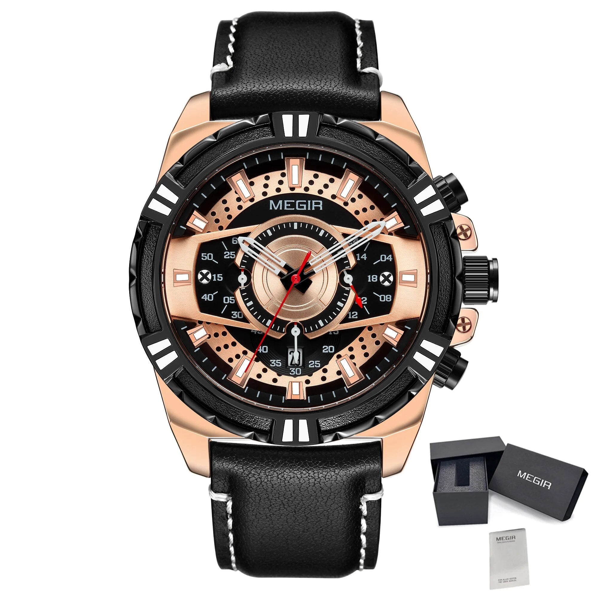 MEGIR Men’s Chronograph Watch – Leather Strap, Waterproof