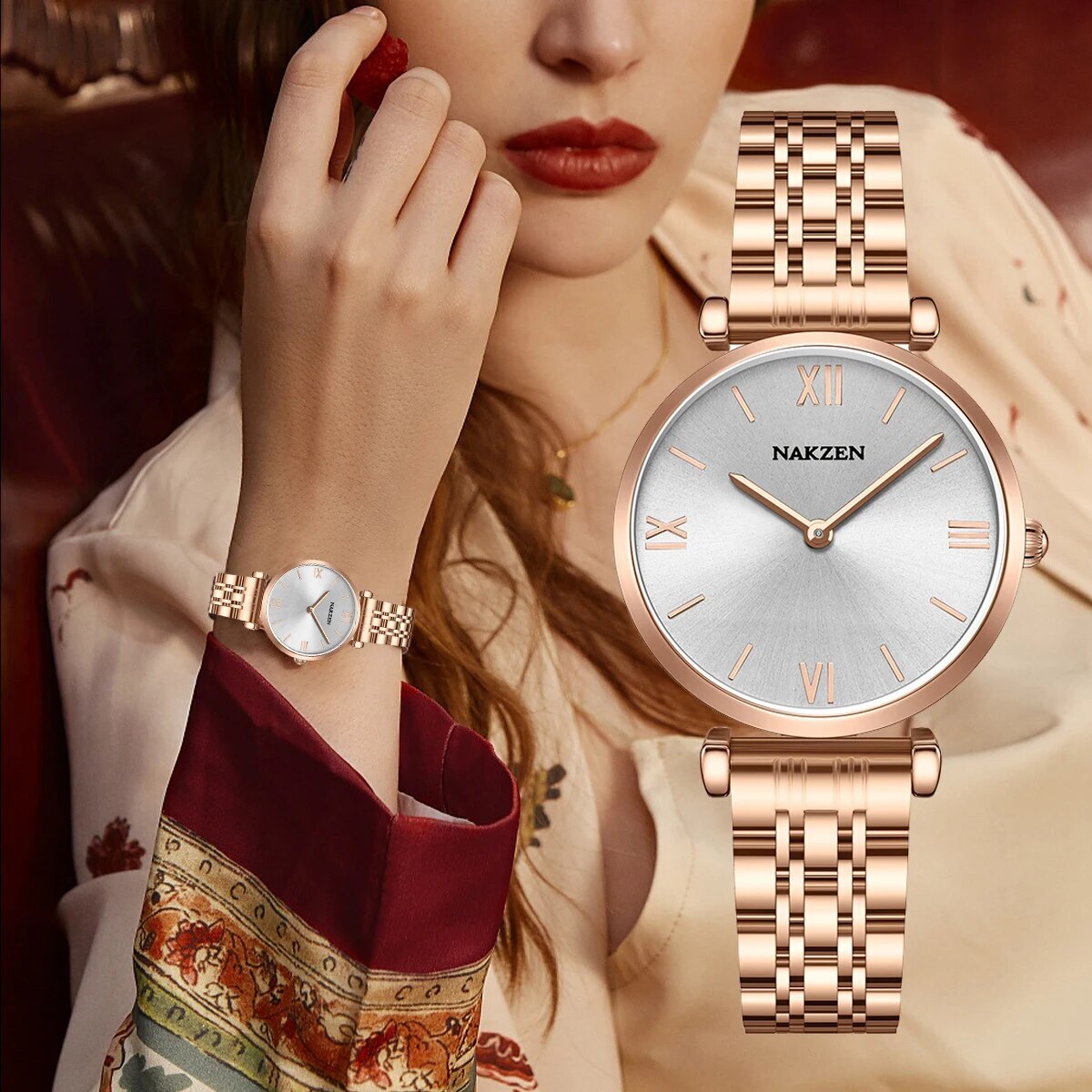 NAKZEN Crystal Women’s Watch – Rose Gold, Waterproof Bracelet