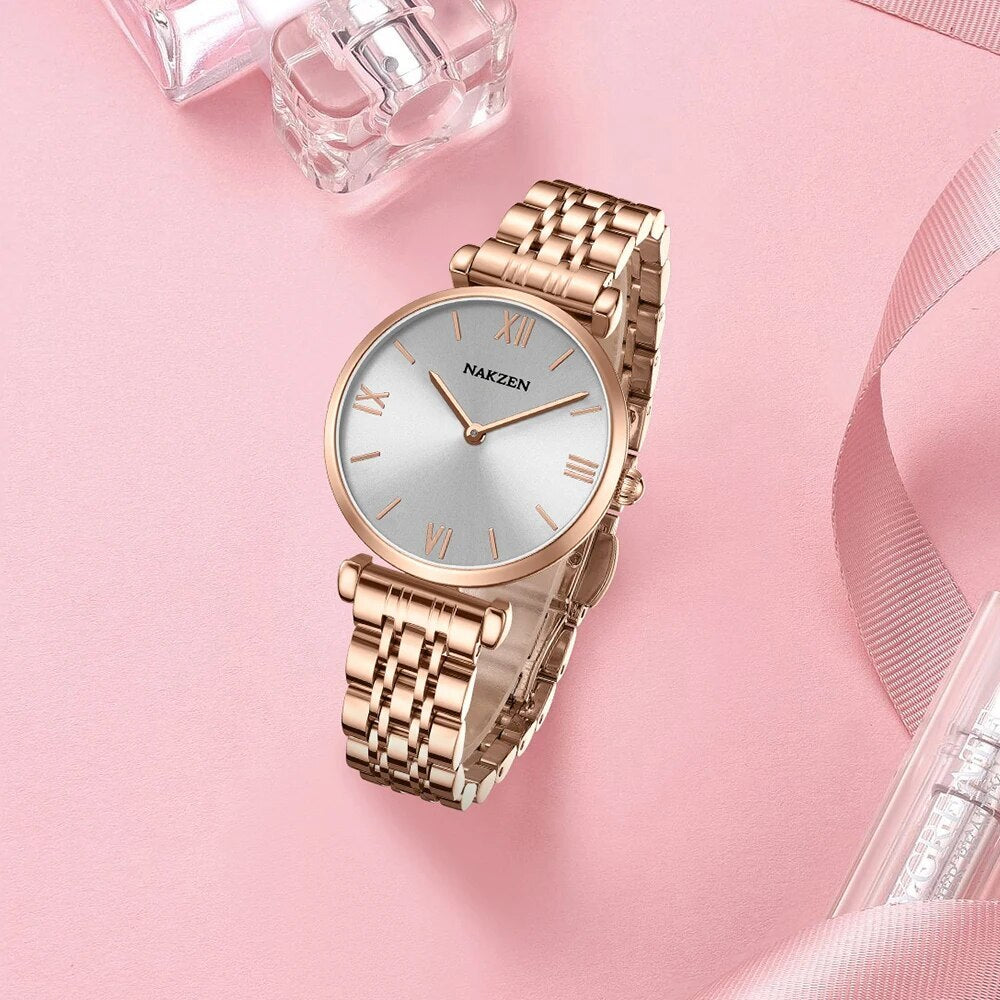 NAKZEN Crystal Women’s Watch – Rose Gold, Waterproof Bracelet