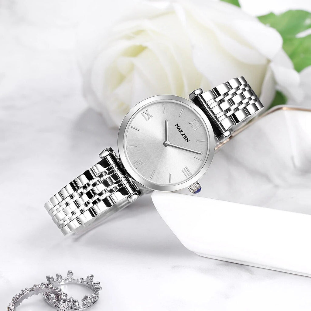 NAKZEN Crystal Women’s Watch – Rose Gold, Waterproof Bracelet