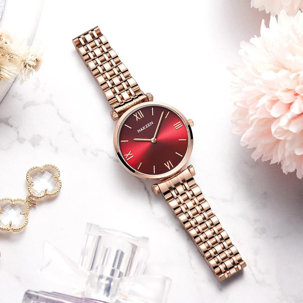 NAKZEN Crystal Women’s Watch – Rose Gold, Waterproof Bracelet