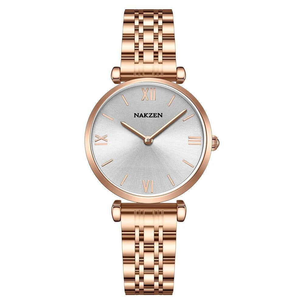 NAKZEN Crystal Women’s Watch – Rose Gold, Waterproof Bracelet