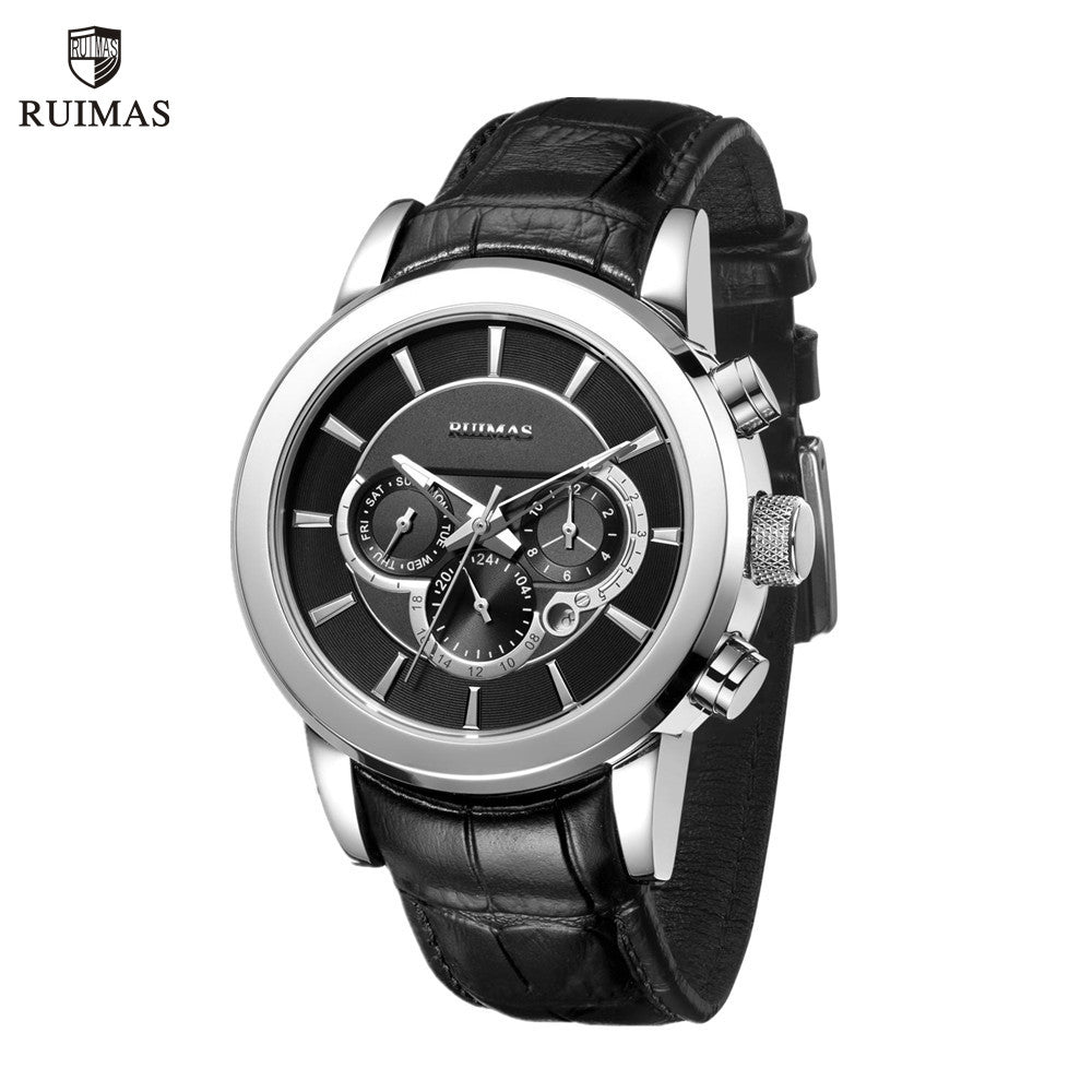 RUIMAS Men’s Mechanical Watch – Leather Strap, Chronograph