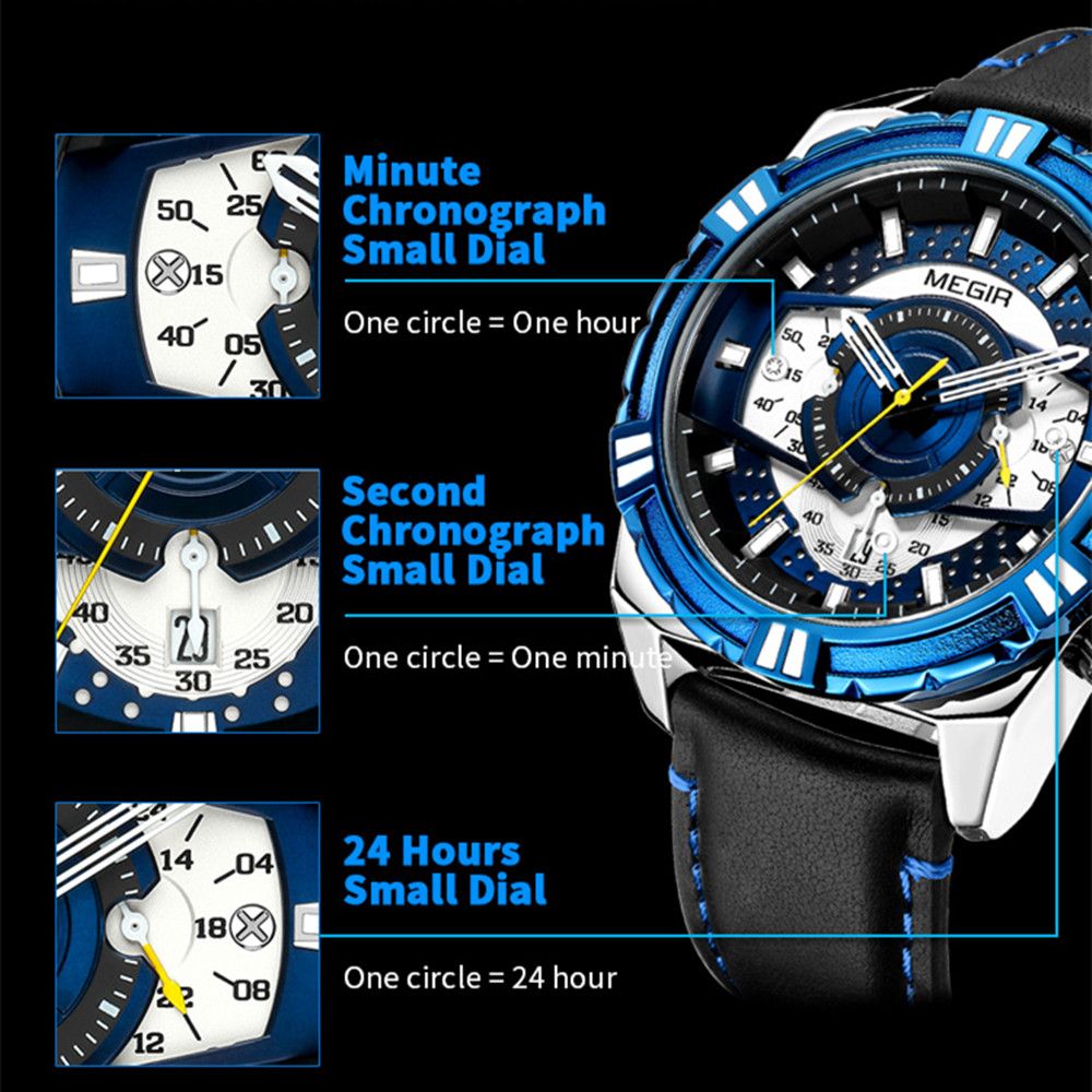 MEGIR Men’s Chronograph Watch – Leather Strap, Waterproof