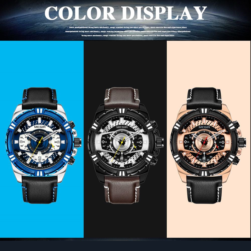 MEGIR Men’s Chronograph Watch – Leather Strap, Waterproof