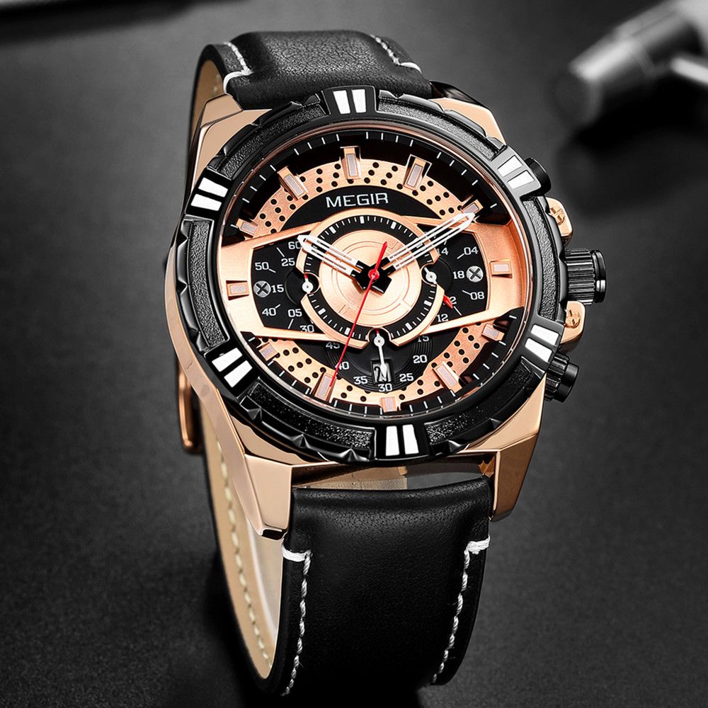 MEGIR Men’s Chronograph Watch – Leather Strap, Waterproof