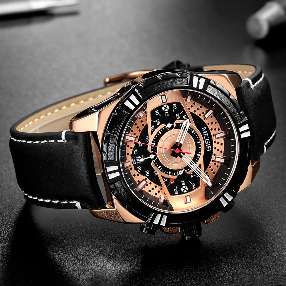 MEGIR Men’s Chronograph Watch – Leather Strap, Waterproof