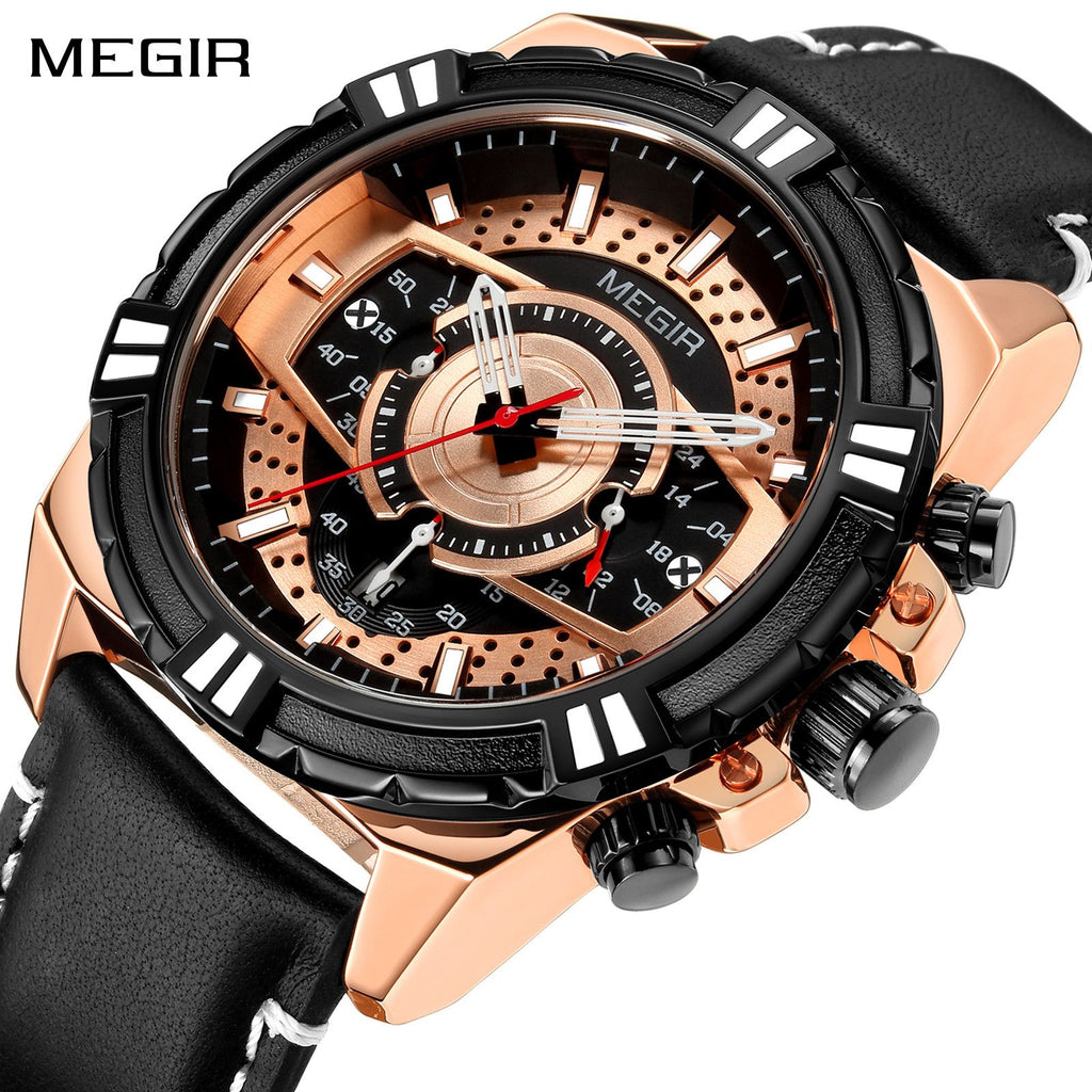 MEGIR Men’s Chronograph Watch – Leather Strap, Waterproof