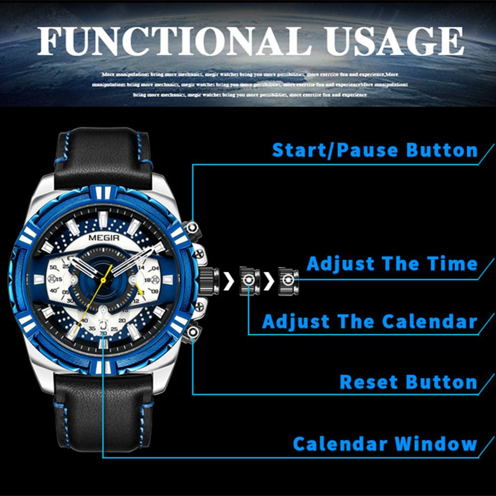 MEGIR Men’s Chronograph Watch – Leather Strap, Waterproof