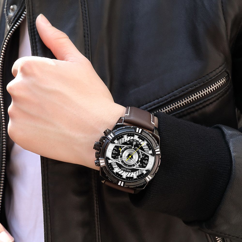 MEGIR Men’s Chronograph Watch – Leather Strap, Waterproof