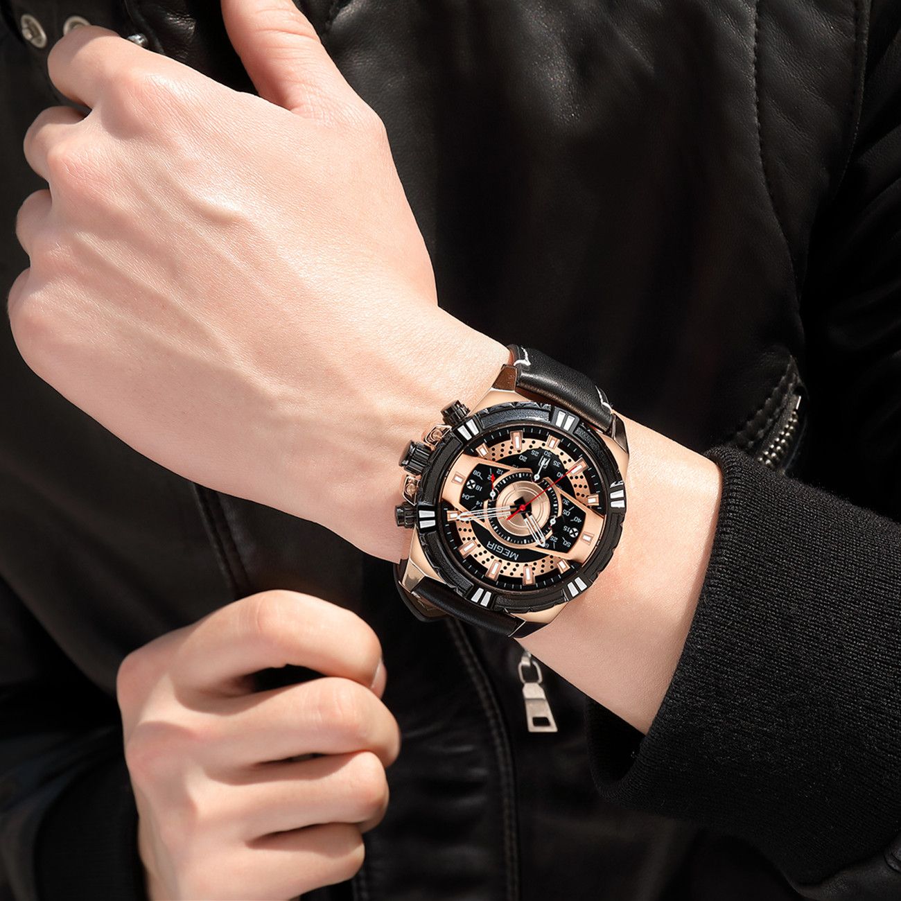 MEGIR Men’s Chronograph Watch – Leather Strap, Waterproof