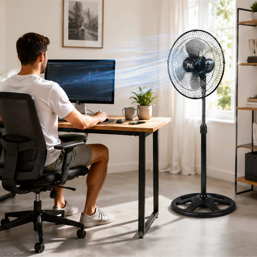 Set of 2 Industrial Standing Fans 80W 3 Speeds 18" Inches 3 Blades Oscillating Base Robust Support 100 to 130 cm High Adjustable to Your Liking Oscillating 120º Oso Spain
