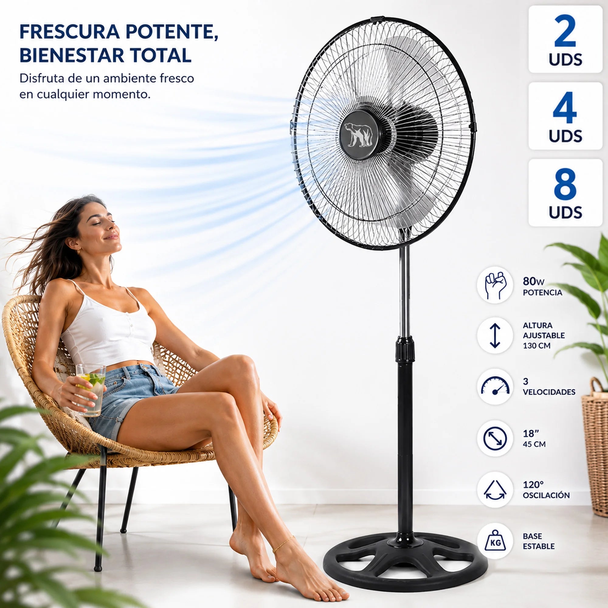 Set of 2 Industrial Standing Fans 80W 3 Speeds 18" Inches 3 Blades Oscillating Base Robust Support 100 to 130 cm High Adjustable to Your Liking Oscillating 120º Oso Spain