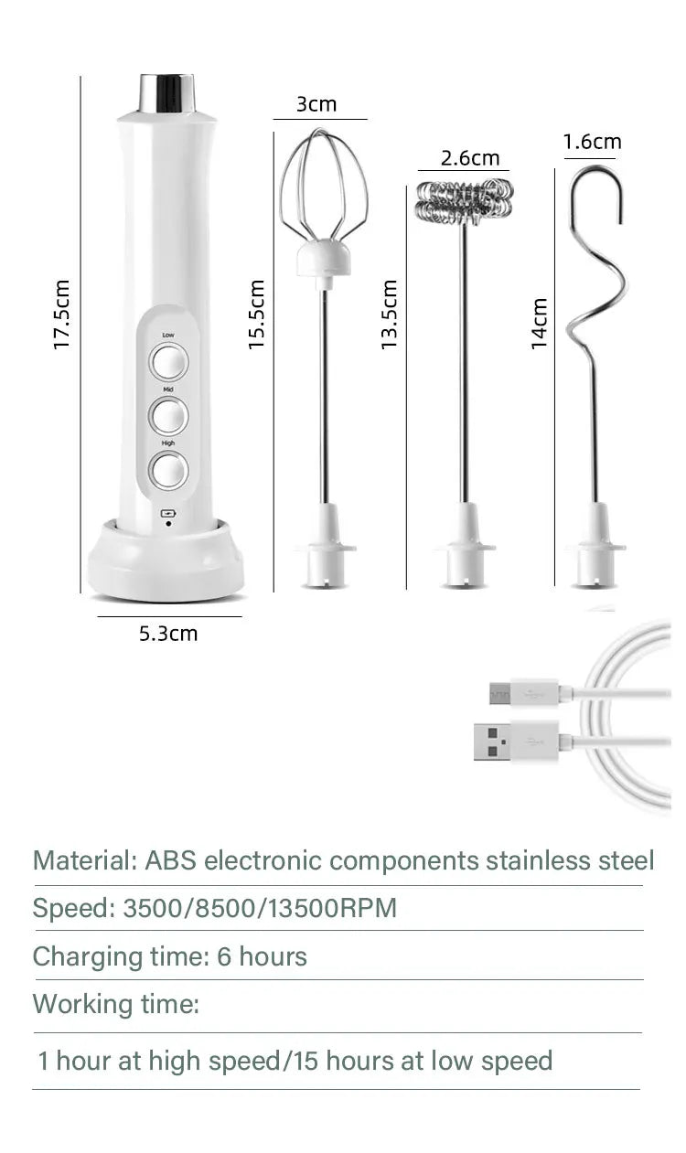 3-in-1 Electric Milk Frother – USB Rechargeable, 3 Speeds