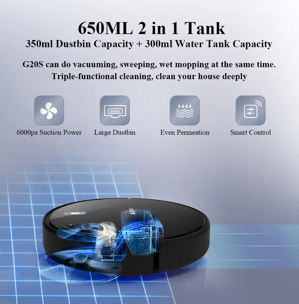 Smart Robot Vacuum Cleaner – 6000Pa Suction, Wi-Fi App Control, Auto Recharge, Pet Hair & Hard Floor Cleaning