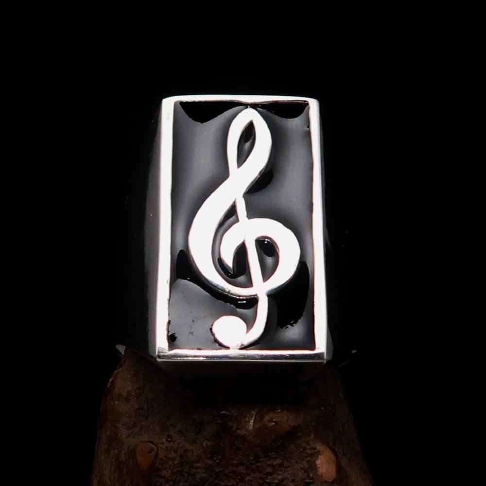 Excellent crafted Men's Musician Ring Treble Clef Symbol Black - Sterling Silver