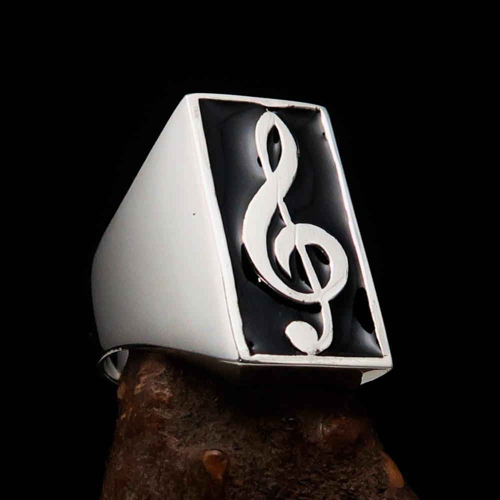 Excellent crafted Men's Musician Ring Treble Clef Symbol Black - Sterling Silver