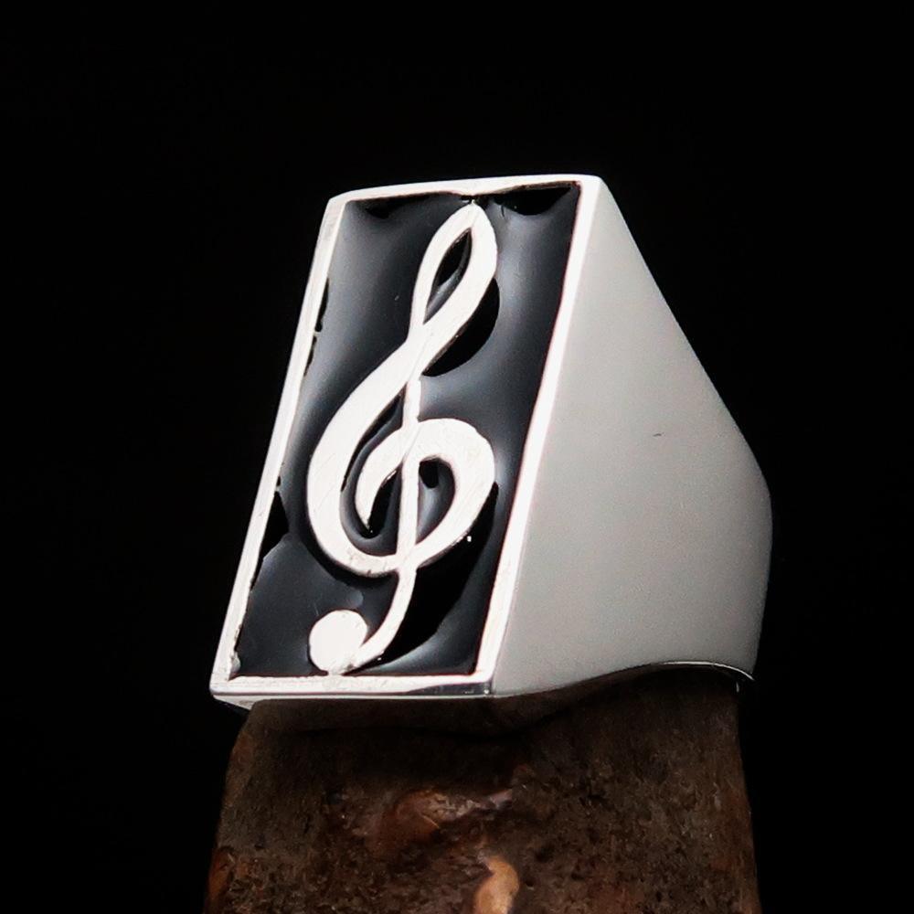 Excellent crafted Men's Musician Ring Treble Clef Symbol Black - Sterling Silver
