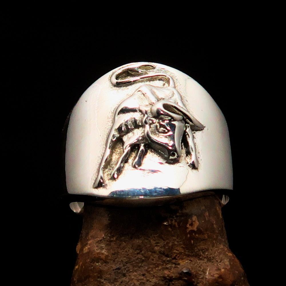 Excellent crafted Men's wild Bull Buffalo Ring - Mirror Polished Sterling Silver