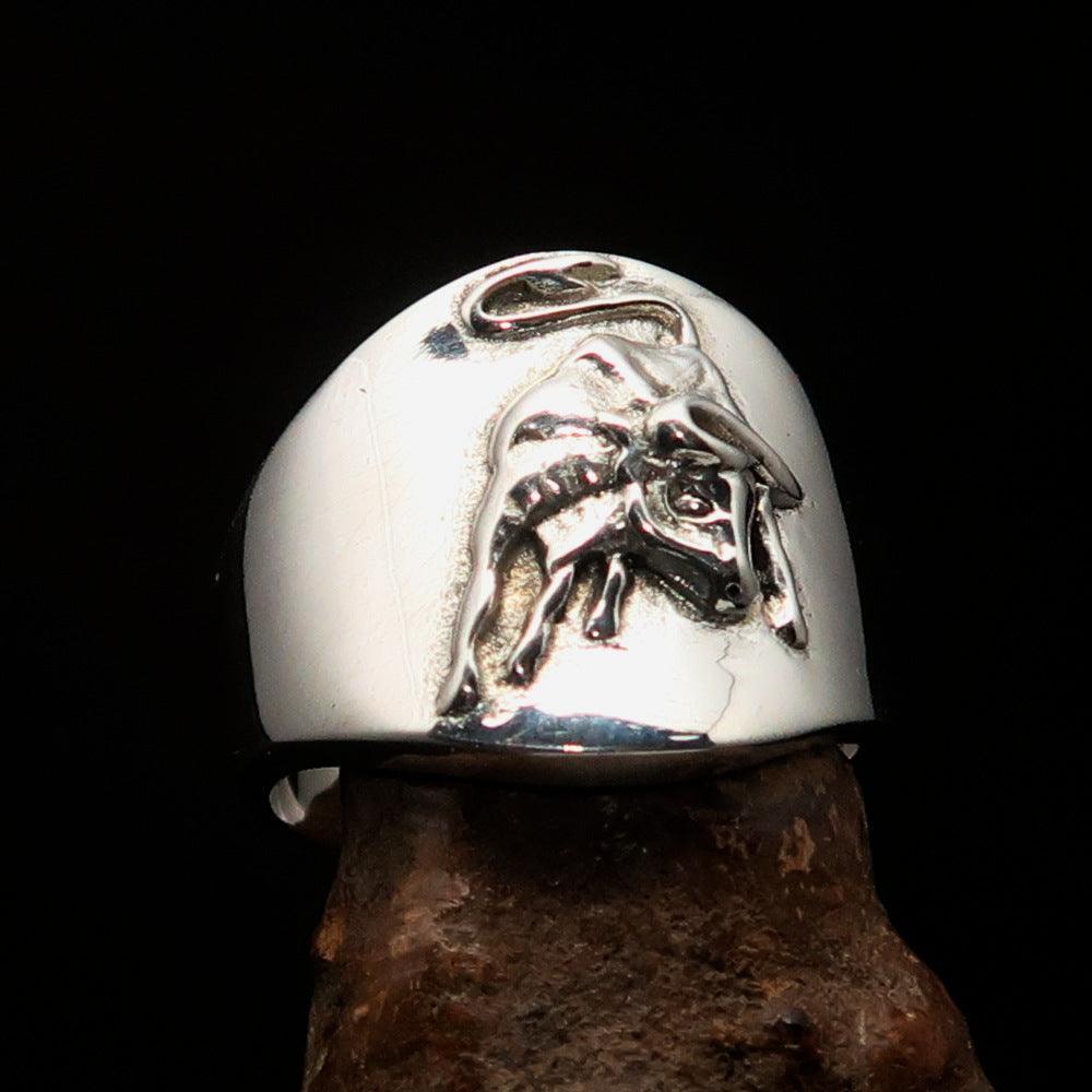 Excellent crafted Men's wild Bull Buffalo Ring - Mirror Polished Sterling Silver