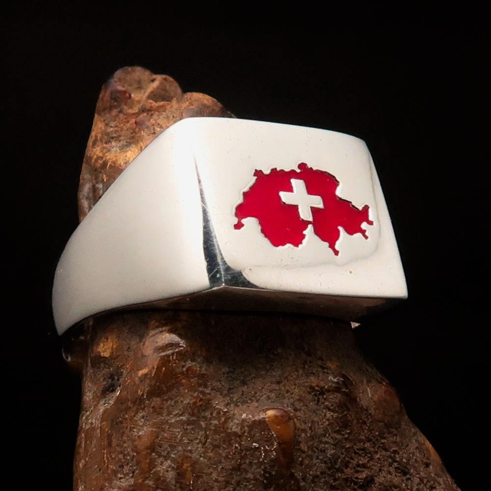 Excellent crafted Men's Swiss Flag Ring Switzerland - Sterling Silver