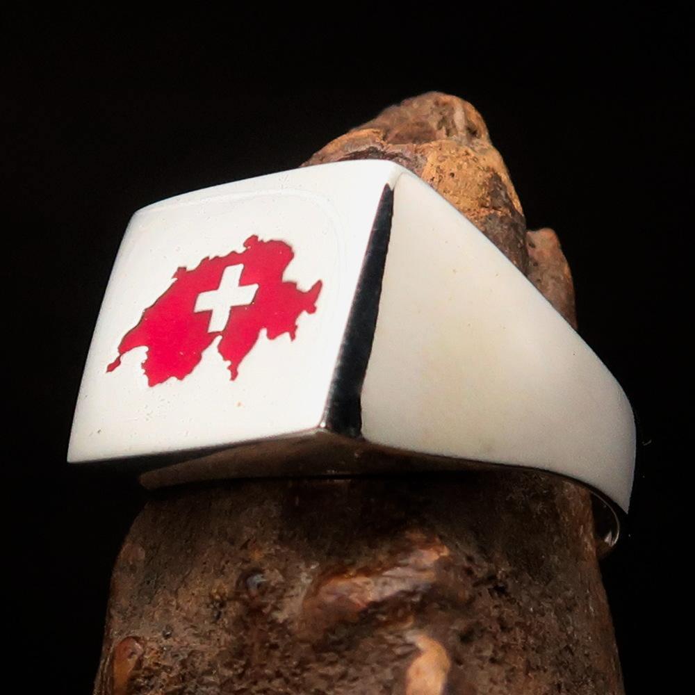 Excellent crafted Men's Swiss Flag Ring Switzerland - Sterling Silver