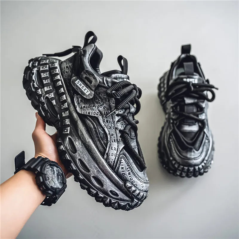 Men’s Platform Chunky Sneakers – Lace-Up, Waterproof PU, Thick Rubber Sole