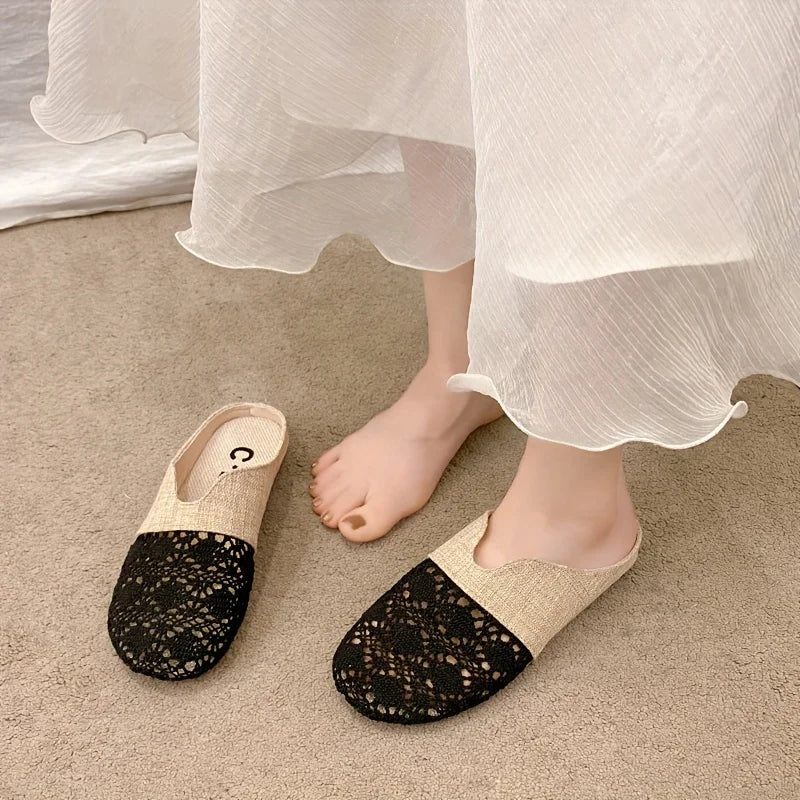 Women’s Woven Flat Mule Slides – Fabric Upper, Summer Slip-On