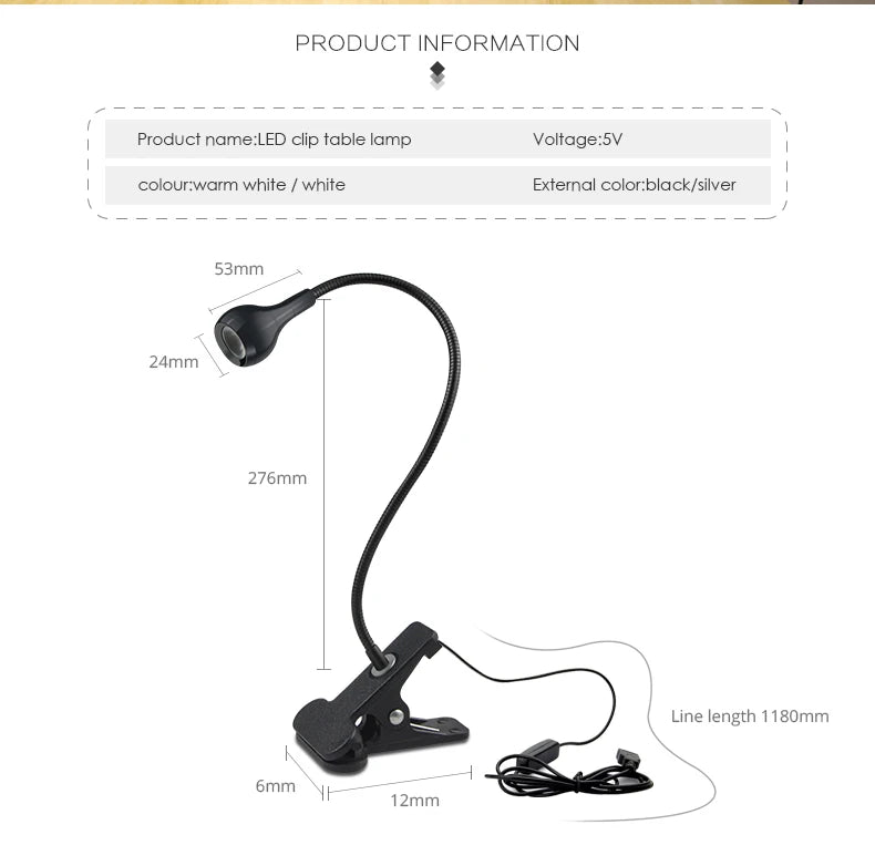 Flexible USB Clip Table Lamp – Gooseneck LED Reading Light for Desk & Bedside