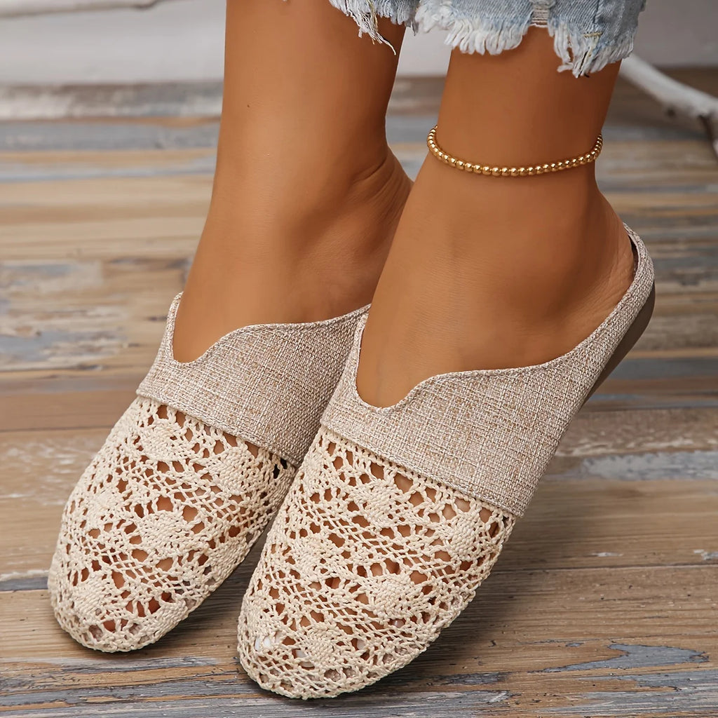 Women’s Woven Flat Mule Slides – Fabric Upper, Summer Slip-On