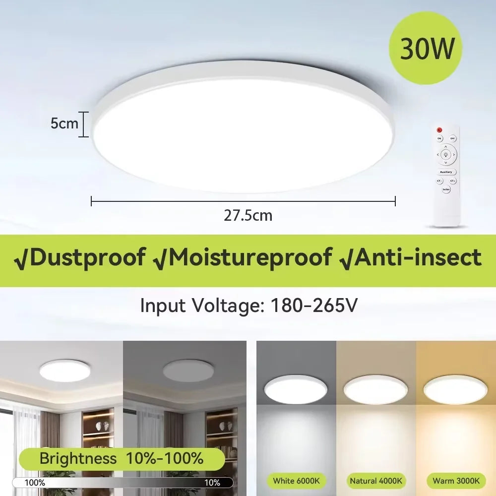 Smart LED Ceiling Light – 3 Colors, Dimmable, Remote Control