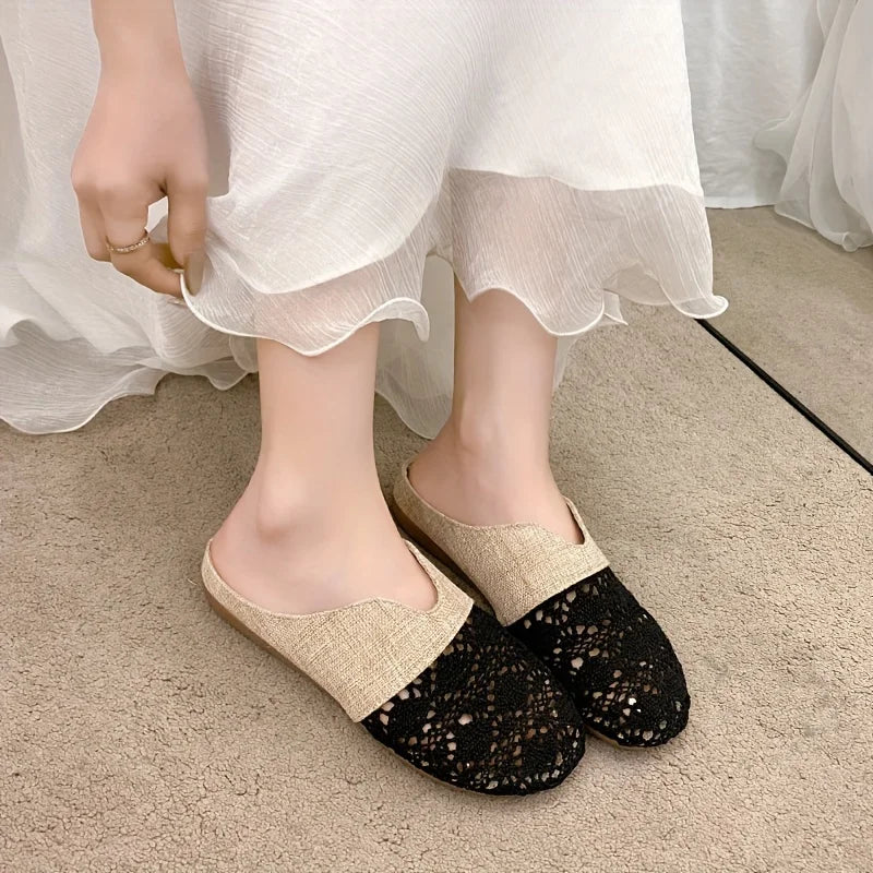 Women’s Woven Flat Mule Slides – Fabric Upper, Summer Slip-On