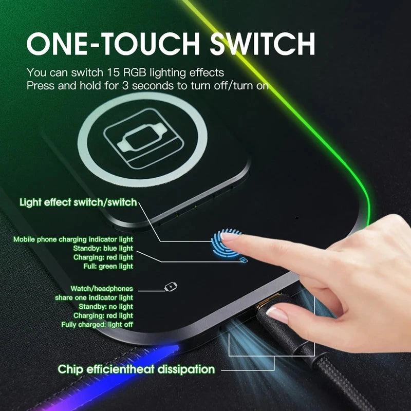 3-in-1 Wireless Charging Mouse Pad XL – RGB, 15W, 80x30cm