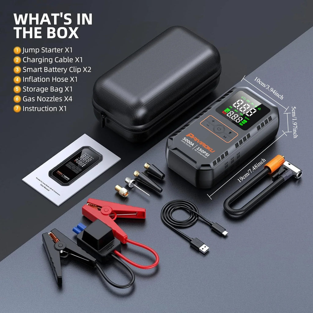 4-in-1 Car Jump Starter – 5000A, Air Compressor, 150PSI Power Bank