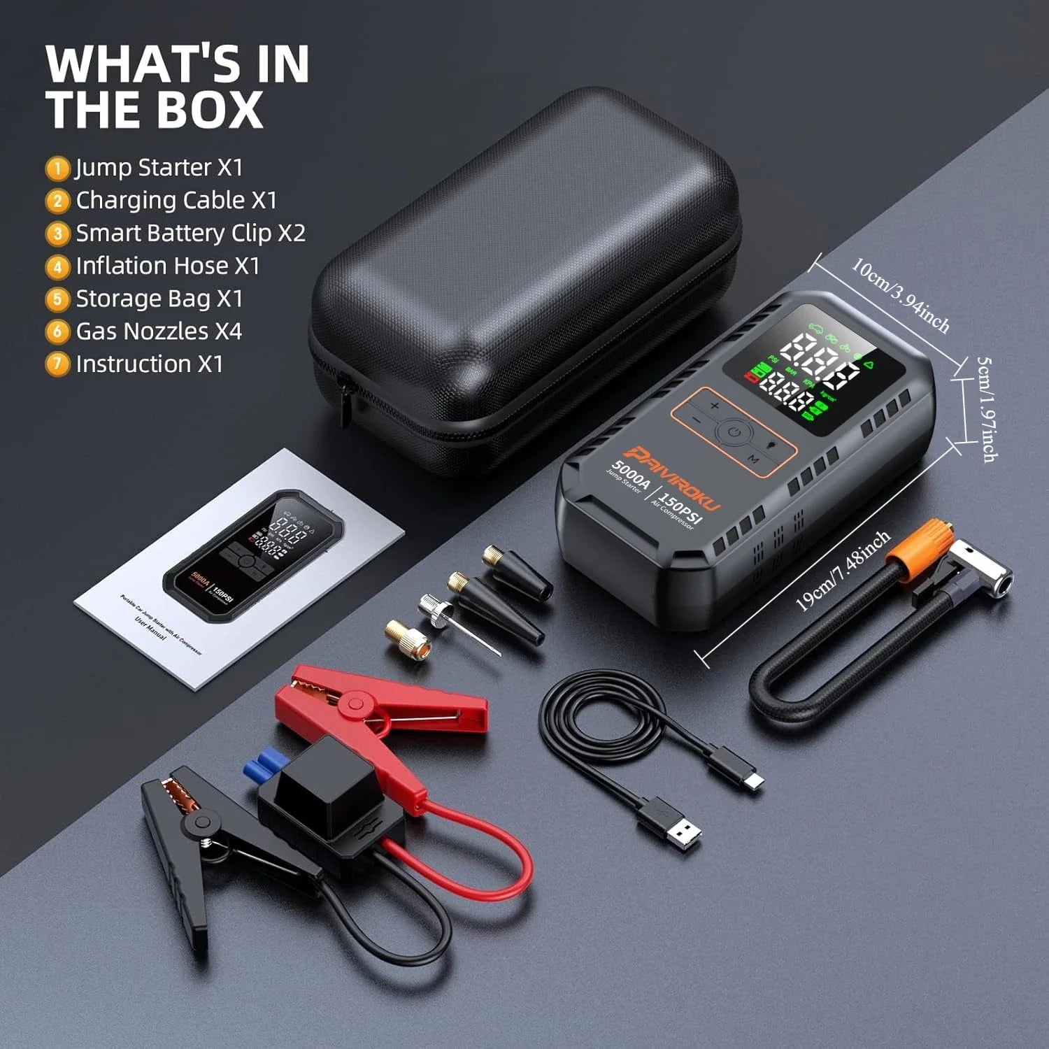 4-in-1 Car Jump Starter – 5000A, Air Compressor, 150PSI Power Bank