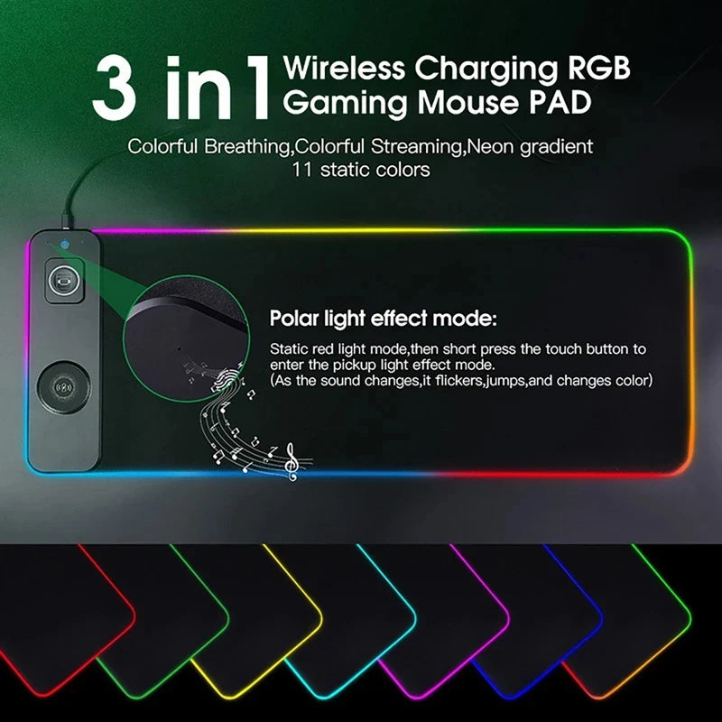 3-in-1 Wireless Charging Mouse Pad XL – RGB, 15W, 80x30cm