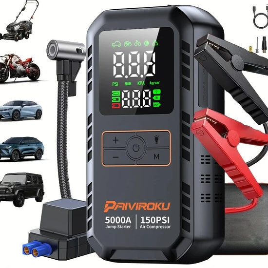 Démarreur de voiture 4-en-1 – 5000A, compresseur d'air 150PSI, batterie externe