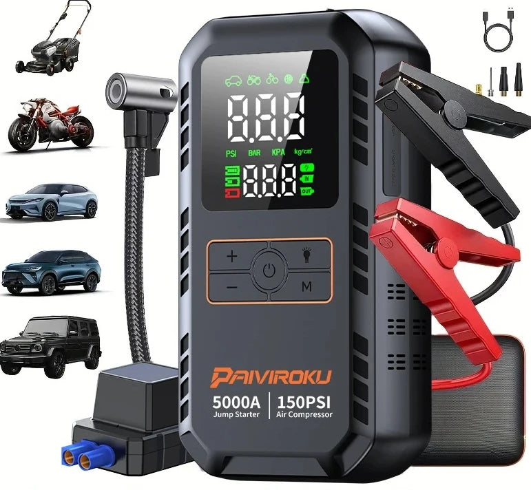4-in-1 Car Jump Starter – 5000A, Air Compressor, 150PSI Power Bank
