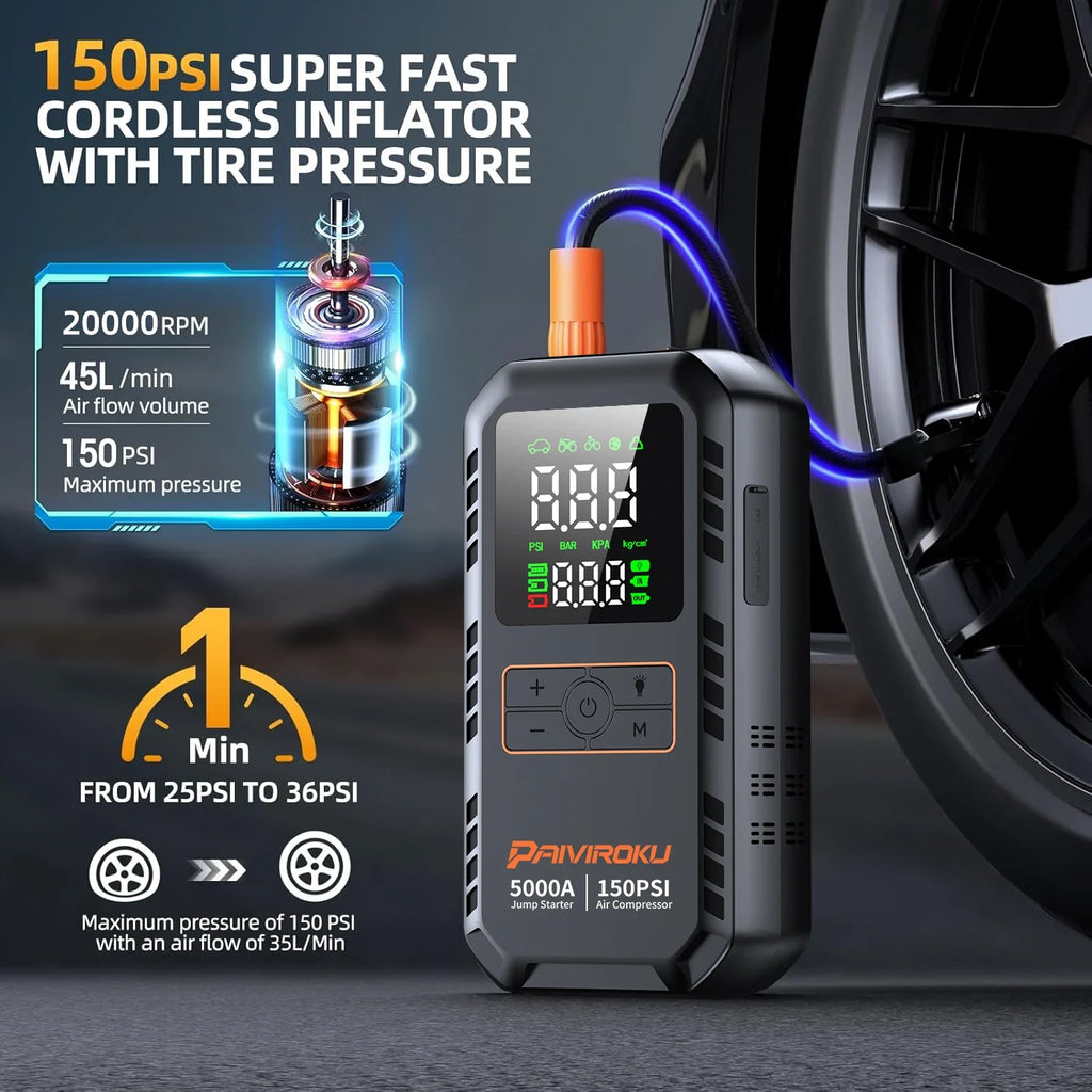 Jump starter 150PSI air pump inflating tire