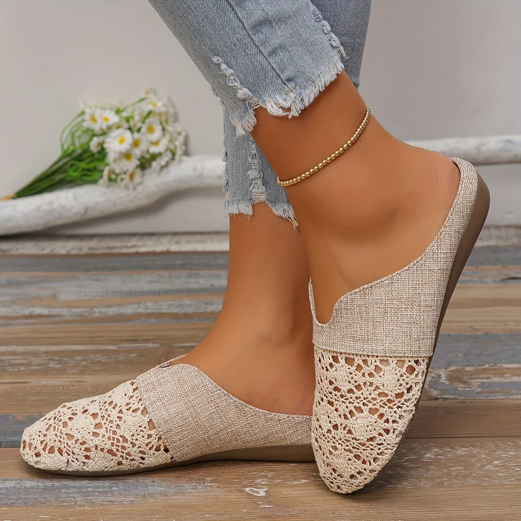 Women’s Woven Flat Mule Slides – Fabric Upper, Summer Slip-On