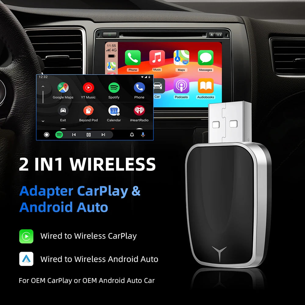 Wireless Carplay Adapter Android Auto Wireless Smart Dongle 2in1 For Volvo Benz Audi Kia Hyundai VW Mazda Cadillac MG Peugeot