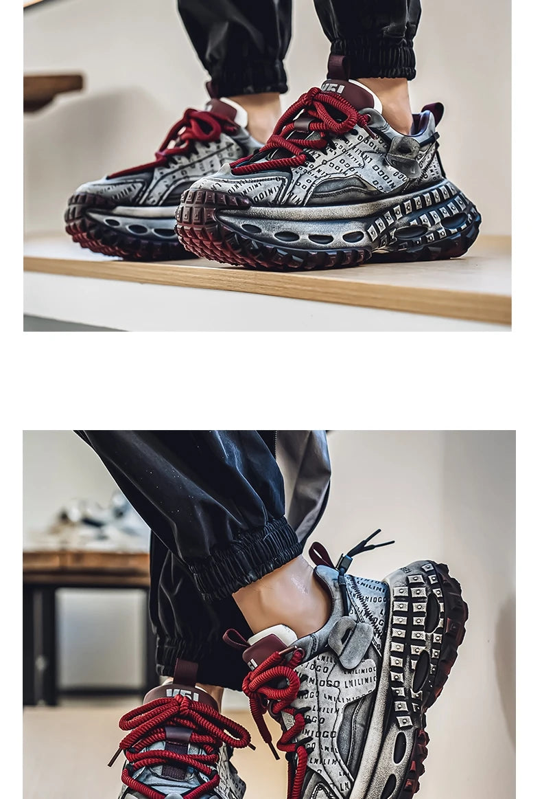 Men’s Platform Chunky Sneakers – Lace-Up, Waterproof PU, Thick Rubber Sole