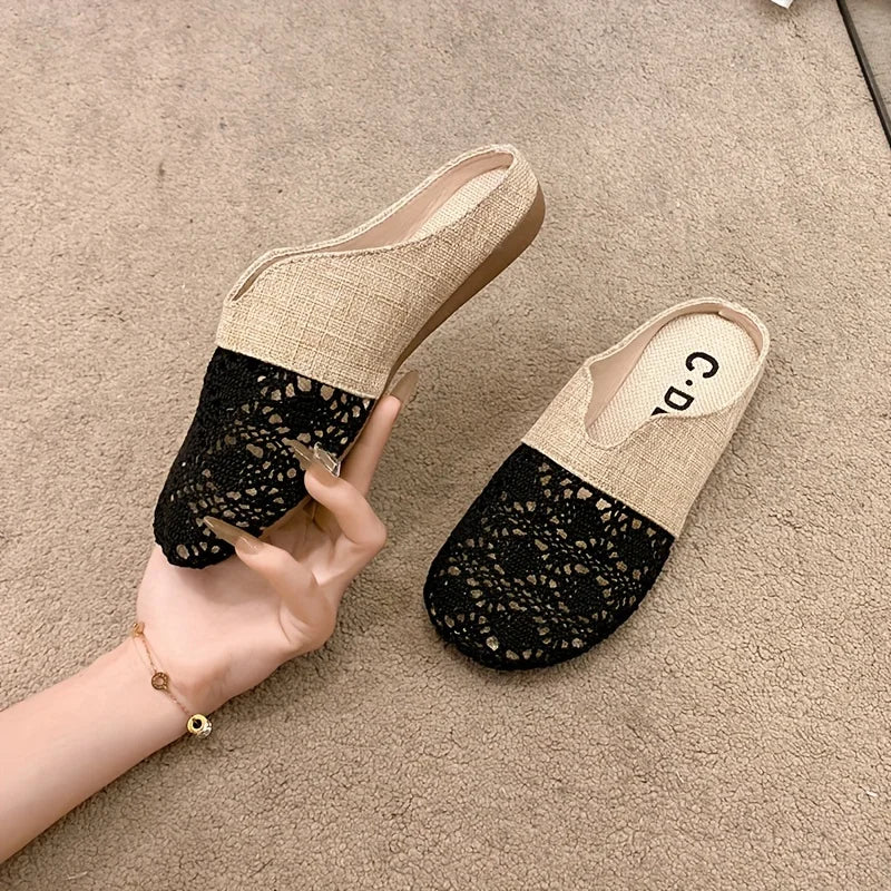 Women’s Woven Flat Mule Slides – Fabric Upper, Summer Slip-On