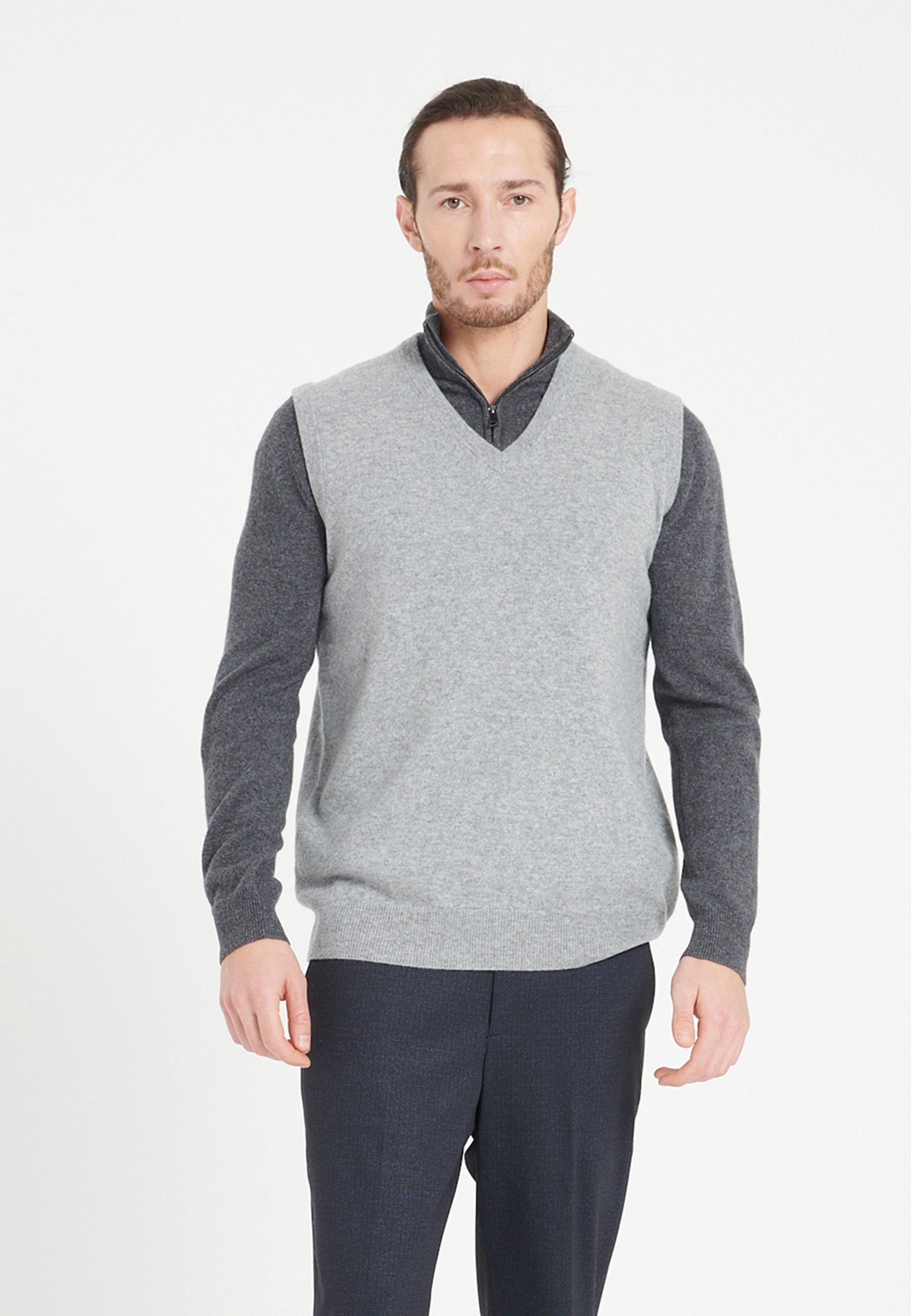 Gilet col V sans manches homme en cachemire gris clair - LUKE 9-0