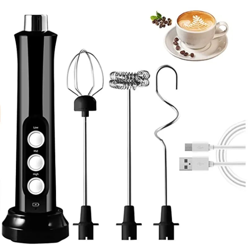 3-in-1 Electric Milk Frother – USB Rechargeable, 3 Speeds