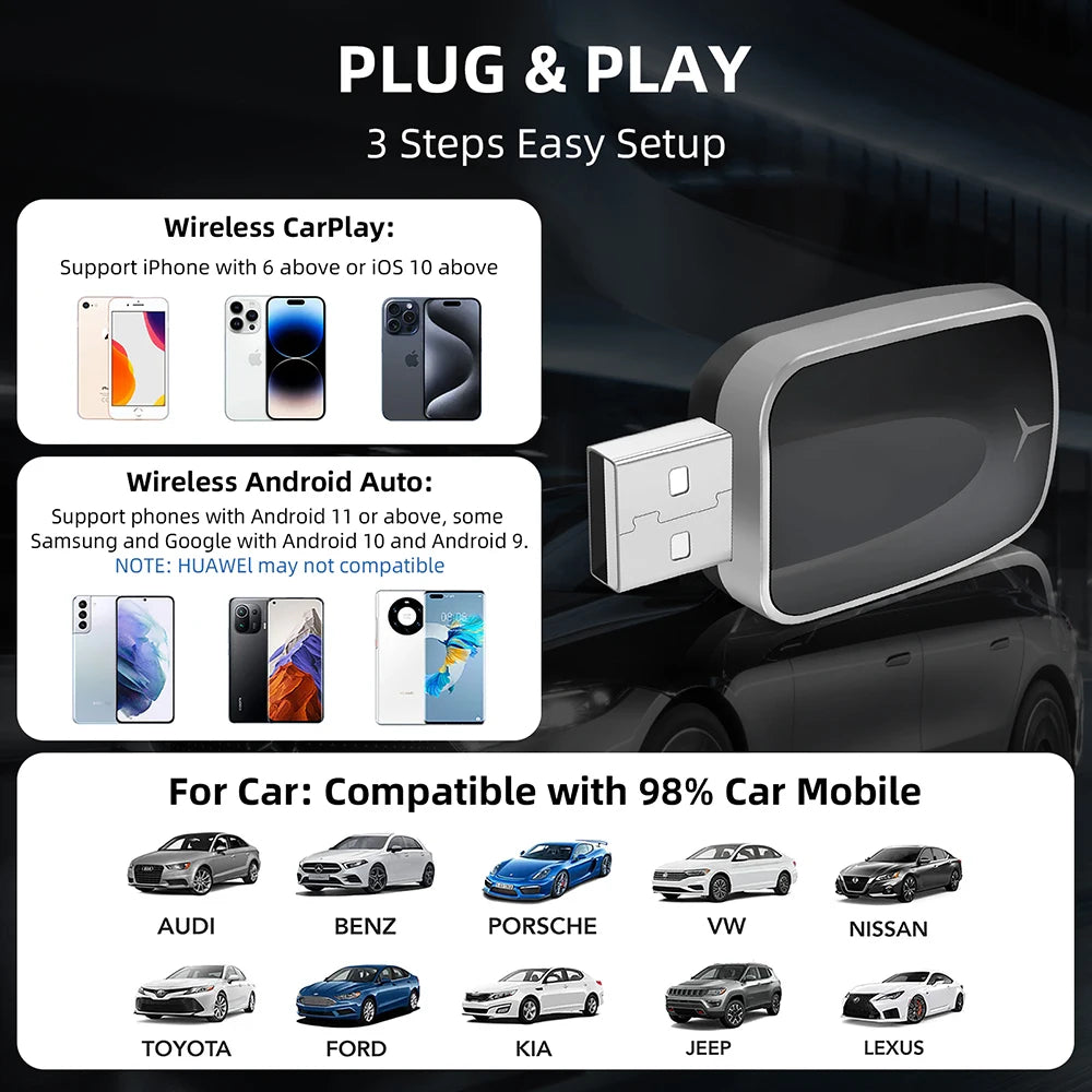 Wireless Carplay Adapter Android Auto Wireless Smart Dongle 2in1 For Volvo Benz Audi Kia Hyundai VW Mazda Cadillac MG Peugeot