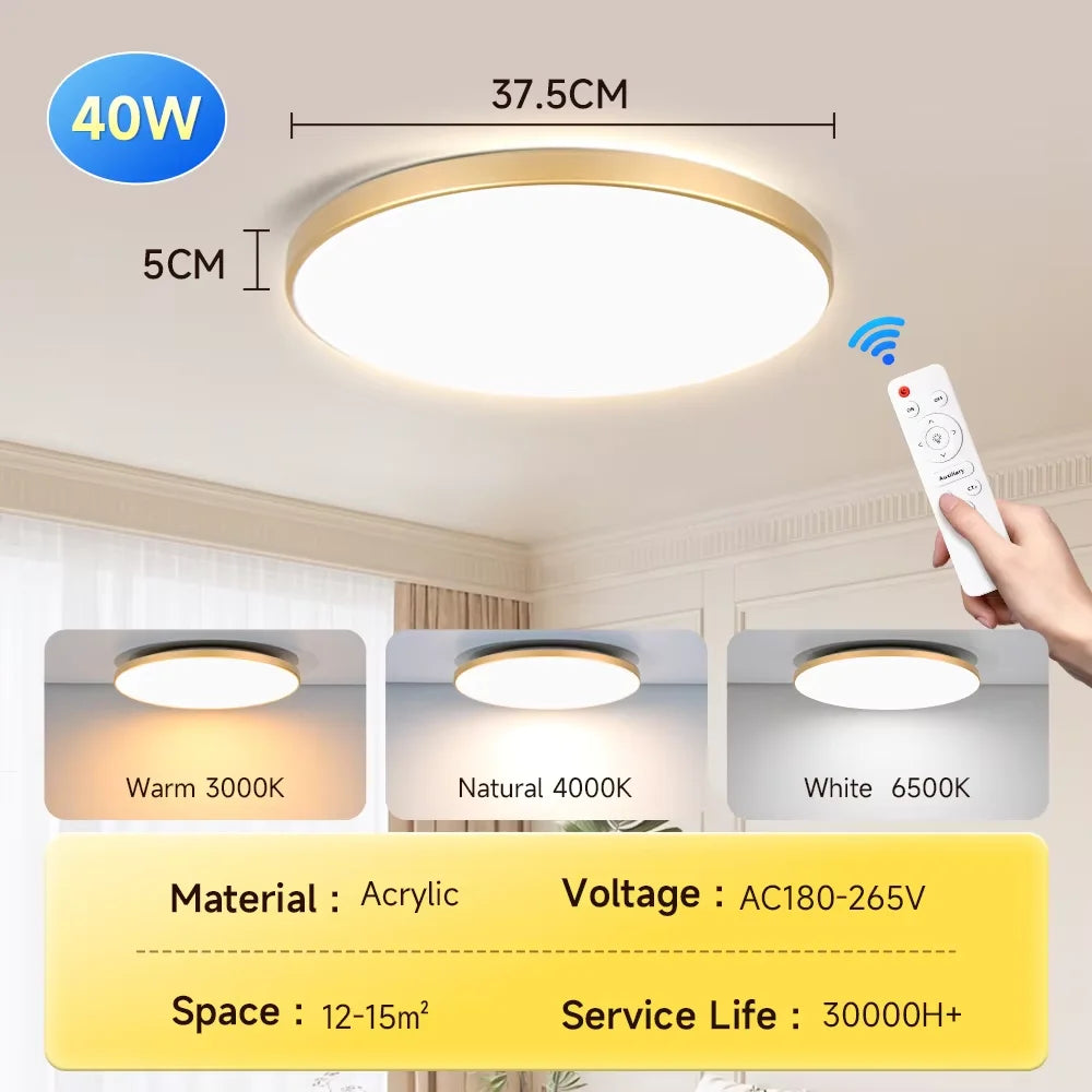 Smart LED Ceiling Light – 3 Colors, Dimmable, Remote Control