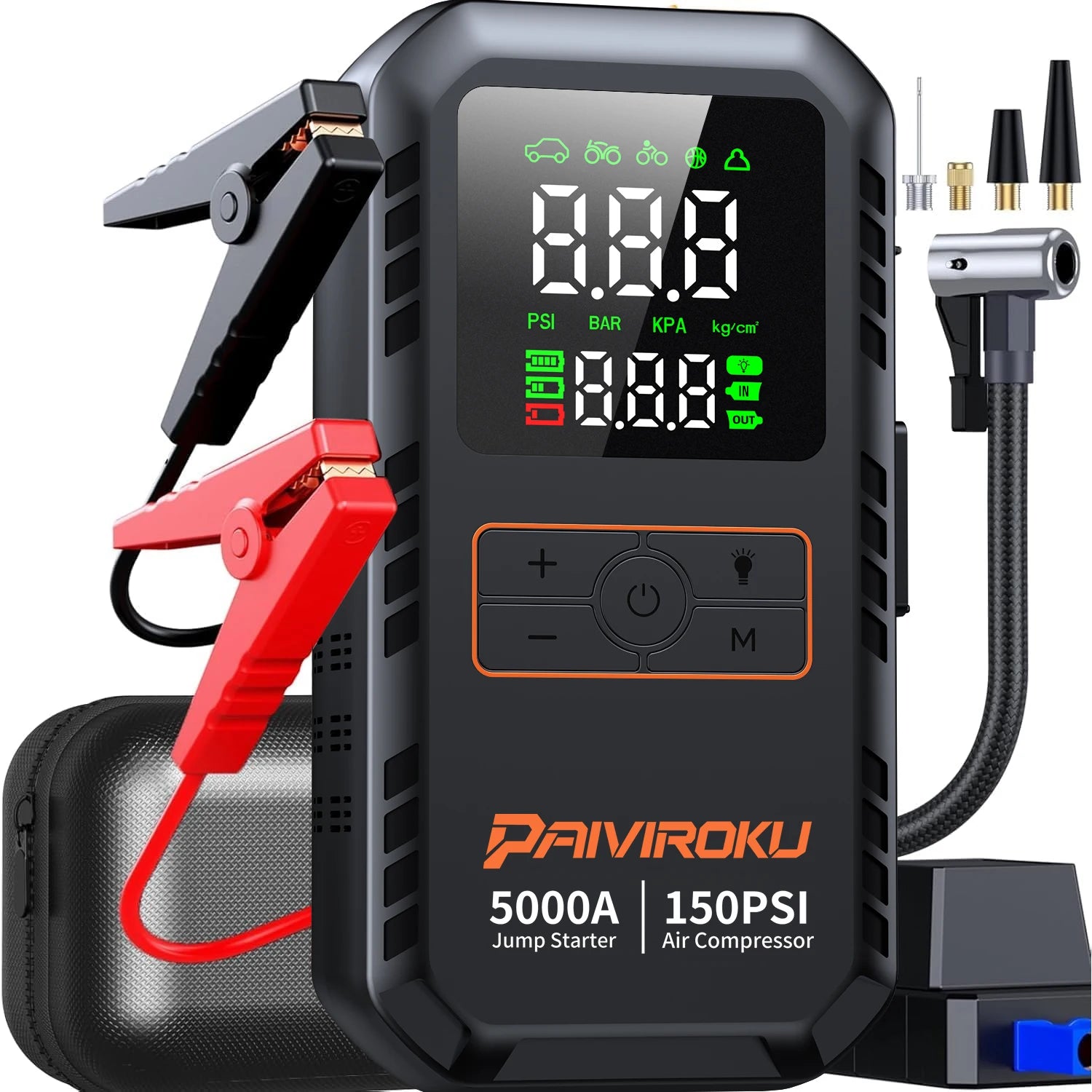 4-in-1 Car Jump Starter – 5000A, Air Compressor, 150PSI Power Bank